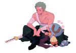  2boys antlers bandages bandaid bandaid_on_face bandaid_on_forehead earrings full_body green_hair hat highres jewelry multiple_boys one_piece roronoa_zoro scar scar_on_chest scar_on_face shirt shorts sitting sword tony_tony_chopper topless_male towne weapon white_background 