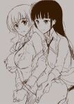  2girls ashermes bangs black_hair breast_grab breasts eyebrows_hidden_by_hair from_behind grabbing grabbing_from_behind greyscale long_hair looking_at_another monochrome multiple_girls necktie nipples open_clothes original school_uniform smile yuri 