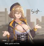  1girl absurdres anis_(nikke) bangs breasts brown_hair building character_name cleavage closed_eyes collarbone dialogue_box english_text goddess_of_victory:_nikke hair_ornament highres jacket kurofuro large_breasts open_mouth sigh solo 