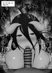  1boy 1girl ahoge albedo_(overlord) bangs bar_censor blush breasts censored fellatio from_above greyscale hair_between_eyes hetero horns indoors kurotama large_breasts looking_at_viewer monochrome nipples oral overlord_(maruyama) penis shiny shiny_skin tile_floor tiles translation_request 