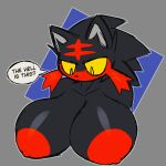  anthro areola big_breasts breasts crossgender dialogue eulipotyphlan female generation_7_pokemon grey_background hedgehog hi_res hybrid litten looking_down mammal mui_(spinycatto) nintendo nipples pokemon pokemon_(species) red_areola red_nipples simple_background solo spinycatto video_games yellow_sclera 