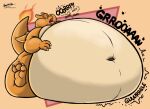  2022 ambiguous_gender anthro belly big_belly bodily_noises burping charizard claws different_sound_effects generation_1_pokemon hand_on_stomach hi_res hyper hyper_belly immobile kaiipwilde_(artist) membrane_(anatomy) membranous_wings morbidly_obese morbidly_obese_anthro nintendo obese obese_anthro open_mouth overweight overweight_anthro pokemon pokemon_(species) rumbling_stomach simple_background sitting solo sound_effect_variant sound_effects text video_games wings 