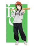  1girl baseball_bat beanie black_eyes braid breasts brown_hair full_body hat highres hood hoodie index_finger_raised ive_(group) k-pop kamo_kamen one_eye_closed pants pink_lips rei_(ive) shoes small_breasts smile sneakers solo sweater sweatpants twin_braids 