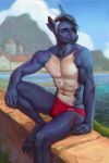  animal_humanoid anthro blue_eyes brick_wall clothing fish fish_humanoid grass hair hi_res humanoid lounging male marine marine_humanoid marmoratus mountain muscular navel notched_ear outside plant scratches shark shark_humanoid shirtless silver_hair solo swimwear townscape wall_(structure) water 