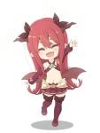  1girl :d ^_^ attouteki_gacha_un_de_isekai_wo_nariagaru! bangs black_ribbon blush boots brown_sleeves brown_wings character_request chibi closed_eyes commentary_request detached_sleeves dragon_girl dragon_horns dragon_wings facing_viewer fang fujisaki_yuu full_body hair_between_eyes hair_ribbon head_tilt horns long_hair long_sleeves low_wings pleated_skirt polka_dot polka_dot_ribbon purple_footwear purple_skirt red_hair ribbon shadow short_eyebrows simple_background skirt sleeves_past_wrists sling_bikini_top smile solo standing standing_on_one_leg thick_eyebrows thigh_boots very_long_hair white_background wings x_navel 