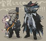  1girl 2boys :&lt; animal_ears arknights background_text bangs black_footwear black_hairband black_headwear black_jacket black_pants blue_bow boots bow braid cabbie_hat cat_ears cat_girl cat_tail character_request closed_mouth commentary_request fingerless_gloves gloves goldenglow_(arknights) grey_background grey_gloves grey_hair grey_headwear hair_between_eyes hair_bow hair_over_shoulder hairband hat highres jacket leaning_to_the_side lightning_bolt_print long_hair long_sleeves mask morini_ochiteru mouth_mask multiple_boys pants pink_hair pink_jacket print_hairband puffy_long_sleeves puffy_sleeves red_eyes shadow single_braid standing tail v-shaped_eyebrows yellow_eyes 