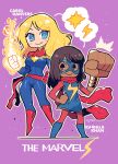  2girls absurdres blonde_hair blue_eyes blush bodysuit breasts brown_hair captain_marvel carol_danvers character_name closed_mouth copyright_name dark-skinned_female dark_skin gloves highres kamala_khan large_hands lightning_bolt_symbol long_hair marvel marvel_cinematic_universe ms._marvel multiple_girls rariatto_(ganguri) red_gloves red_scarf scarf shared_speech_bubble smile speech_bubble superhero the_marvels 