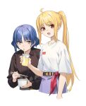  2girls bangs belt blonde_hair blue_hair bocchi_the_rock! casual drink drinking hair_ornament highres holding holding_drink ijichi_nijika long_hair long_sleeves mole mole_under_eye multiple_girls open_mouth purple_skirt shirt short_hair side_ponytail sidelocks simple_background skirt smile white_background white_shirt yamada_ryou yellow_eyes yitiao_er-hua 