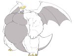 3_toes 4_fingers absurd_res anthro belly big_belly claws dragon feet fingers grey_belly grey_tail hi_res hyper hyper_belly male muscular muscular_male overweight overweight_anthro overweight_male simple_background solo thick_tail toes white_background white_body wings yellow_claws zephy_03 
