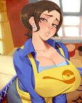  1girl absurdres apron bangs blush breast_focus breasts brown_hair cleavage collared_shirt earrings highres huge_breasts jewelry kitchen mature_female medium_hair nezulet open_mouth paldea_mother parted_bangs parted_lips pokemon pokemon_(game) pokemon_sv ponytail shirt short_ponytail solo thick_lips yellow_apron 