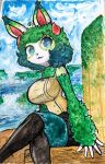  absurd_res anthro astroty astroty_(oc) big_breasts bottomwear bovid bovine breasts buckteeth caprine clothed clothing female freckles fur fur_collar fur_pattern green_body green_eyes green_fur hi_res horn lagomorph leporid long_ears mammal painting_(artwork) plant pupils rabbit red_horn sheep shorts sitting sky smile solo solo_in_panel teal_eyes teeth thick_thighs tight_clothing traditional_media_(artwork) water watercolor_(artwork) waterfall white_body white_fur 