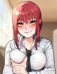  1girl 1other artist_name bangs biting black_necktie blurry blurry_background blush blushyspicy breast_grab breasts chainsaw_man collarbone collared_shirt grabbing highres large_breasts lip_biting long_sleeves makima_(chainsaw_man) medium_hair necktie red_hair shiny shiny_hair shirt sidelocks solo_focus sweat upper_body white_shirt 