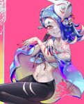  1girl blue_hair grim hair_over_one_eye highres japanese_clothes long_hair looking_at_viewer octoling octoling_girl one_eye_covered po!son red_eyes shiny shiny_hair shiver_(splatoon) smile solo spiked_ear_piercing splatoon_(series) splatoon_3 tentacles 