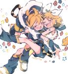  ^_^ ahoge bare_shoulders belt blonde_hair blush bow brother_and_sister cheek-to-cheek closed_eyes detached_sleeves flower glomp hair_bow hair_ornament hairclip happy hazime headphones heads_together headset hug kagamine_len kagamine_rin leg_warmers neckerchief number_tattoo open_mouth sailor_collar shirt shoes short_ponytail shorts shoulder_tattoo siblings sleeveless sleeveless_shirt smile sneakers tattoo twins vocaloid white_bow yellow_neckerchief 