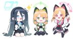  3girls aris_(blue_archive) blonde_hair blue_archive blue_eyes blue_hair bow cat_ear_headphones chibi full_body gloves green_eyes hair_bow halo handheld_game_console headphones ine_(ineinnen) jacket long_hair midori_(blue_archive) momoi_(blue_archive) multiple_girls necktie nintendo_switch pink_eyes 