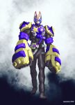  1boy abs artist_name blue_armor blue_eyes boxing_gloves brass_knuckles desire_driver fox kamen_rider kamen_rider_geats kamen_rider_geats_(series) kick_back_(music_video) male_focus manly monster monster_buckle muscular muscular_male parody raise_buckle shadow solo vgz083 weapon 