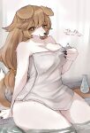  2022 anthro blush breasts canid canine canis digital_media_(artwork) domestic_dog female female_anthro floppy_ears fur hair hi_res kemono long_hair looking_at_viewer mammal sai_(artist) solo towel towel_only 