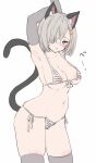  1girl animal_ears areola_slip arms_up bangs bikini blue_eyes blush breasts cat_ears cat_tail chigasaki_yukari commentary_request elbow_gloves gloves grey_gloves grey_hair grey_thighhighs hair_ornament hair_over_one_eye hairclip hamakaze_(kancolle) highres kantai_collection large_breasts looking_at_viewer micro_bikini short_hair side-tie_bikini_bottom simple_background solo striped striped_bikini swimsuit tail thighhighs tongue white_background 