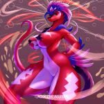  2022 5_fingers anthro big_breasts breasts digital_media_(artwork) dragon feathers female fingers generation_9_pokemon genitals hi_res huge_breasts joxdkauss koraidon legendary_pokemon looking_at_viewer markings nintendo nipples nude pokemon pokemon_(species) pussy red_body shaded simple_background smile solo thick_thighs video_games wide_hips 