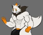  abs anthro blue_eyes bulge clothed clothing generation_5_pokemon genital_outline grey_background hi_res looking_at_viewer male muscular muscular_male nintendo partially_clothed pecs penis_outline pokemon pokemon_(species) simple_background solo spinycatto video_games zorua 