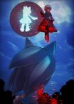  1boy 2girls amy_rose black_dress cang_she cloud dress floating from_behind full_moon gloves highres moon multiple_girls night night_sky one_eye_covered outdoors sage_(sonic) sky sonic_(series) sonic_frontiers sonic_the_hedgehog white_gloves white_hair 