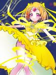  1girl black_background bow brooch bubble_skirt capelet choker commission cure_muse_(yellow) highres jewelry miisu_(minirose) musical_note orange_hair precure shirabe_ako short_hair short_sleeves skeb_commission skirt solo suite_precure tiara transformation yellow_bow yellow_choker 