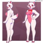  absurd_res anthro bow_tie breasts butt canid canine duo female female/female five_nights_at_freddy&#039;s fox fox_tail funtime_foxy_(fnaf) fur hi_res humanoid kevwrite lips mammal nipples pink_body scottgames simple_background sister_location video_games white_body white_fur yellow_eyes 