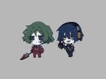  2boys bags_under_eyes bandaged_hand bandages black_jacket black_necktie black_pants blood blue_eyes blue_hair chibi closed_mouth coco_(556ch0cl8) collared_shirt colored_skin commentary_request dark_blue_hair dot_mouth e.g.o_(project_moon) employee_(lobotomy_corporation) formal green_hair grey_background highres holding holding_sword holding_weapon jacket lobotomy_corporation looking_at_viewer male_focus multiple_boys necktie open_mouth pants project_moon red_eyes red_jacket red_necktie red_pants sanpaku sharp_teeth shirt short_hair simple_background smile suit sword teeth weapon white_shirt white_skin 