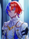  1boy alear_(fire_emblem) alear_(fire_emblem)_(male) ascot bangs blue_eyes blue_hair closed_mouth commentary_request cropped_jacket crossed_bangs fire_emblem fire_emblem_engage hair_between_eyes heterochromia highres indoors jacket looking_away male_focus multicolored_hair red_eyes red_hair short_hair solo tomo_shirasu two-tone_hair upper_body white_ascot white_jacket 