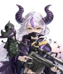  1girl ahoge bangs braid crow_(la+_darknesss) demon_horns gun highres holding holding_gun holding_weapon hololive horns iotan_twi jacket la+_darknesss long_hair looking_at_viewer mask midriff mouth_mask multicolored_hair navel open_clothes open_jacket purple_hair purple_jacket rifle simple_background sniper_rifle solo streaked_hair virtual_youtuber weapon white_hair yellow_eyes 