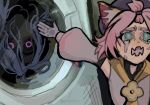  blue_eyes blue_hair cat_girl crying darkness detached_sleeves diona_(genshin_impact) fangs female_child genshin_impact gloves glowing glowing_eyes hair_tie kamisato_ayato open_mouth pink_hair puepelina scared shadow washing_machine 
