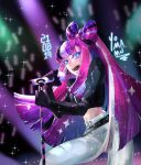  1girl ;d ahnjh0310 belt black_hair blue_background blue_eyes bow bow-shaped_hair character_name concert cookie_run cowboy_shot crop_top glint gloves hair_bow highres holding holding_microphone humanization long_hair long_sleeves microphone microphone_stand multicolored_hair music one_eye_closed pink_hair shining_glitter_cookie singing smile solo sparkle sparkle_background stage two-tone_hair very_long_hair zipper 