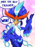  anthro avian beak bird blue_body blue_eyes blue_feathers english_text feathers generation_9_pokemon looking_at_viewer male nintendo pokemon pokemon_(species) quaquaval smile solo text video_games wide_hips zurdomon 