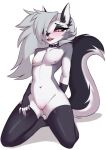  2022 andromorph anthro areola black_body black_fur blush canid canid_demon cleft_of_venus collar crossgender demon edit fta_crossgender fti_crossgender fur genitals girly grey_body grey_fur grey_hair hair hellhound helluva_boss hi_res intersex kironzen kneeling looking_at_viewer loona_(helluva_boss) mammal multicolored_body multicolored_fur navel nipples open_mouth open_smile pussy simple_background smile solo spiked_collar spikes tanimationllc tongue tongue_out white_body white_fur 