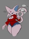 anthro big_breasts blush bottomwear breasts clothed clothing dialogue eeveelution espeon exposed_cleavage female fully_clothed generation_2_pokemon grey_background hi_res hotpants looking_back nintendo pokemon pokemon_(species) shorts simple_background solo spinycatto video_games wide_hips 