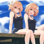  2girls :d alternate_costume alternate_hairstyle arm_support bangs blue_sky blurry breasts casual cleavage cloud cloudy_sky collarbone commentary_request contemporary crossover denim denim_shorts depth_of_field djeeta_(granblue_fantasy) flower genshin_impact granblue_fantasy hair_between_eyes hair_bun hair_flower hair_ornament head_tilt highres light_brown_hair looking_at_viewer lumine_(genshin_impact) maxwelzy multiple_girls short_hair short_hair_with_long_locks short_shorts shorts sidelocks single_side_bun sitting sky sleeveless smile spaghetti_strap trait_connection yellow_eyes 