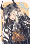  1girl absurdres animal_ears bangs black_horns black_kimono blush bow c4_art commentary cow_ears cow_girl cow_horns frilled_kimono frills highres horns horns_pose indie_virtual_youtuber japanese_clothes kimono long_hair makino_shiro open_mouth smile solo two-tone_kimono upper_body virtual_youtuber white_kimono wide_sleeves yellow_bow 