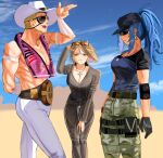  1boy 2girls antonov_(kof) baseball_cap blonde_hair blue_hair breasts brown_hair clark_still cosplay costume_switch cowboy_hat cross cross_necklace dan_koflove desert dog_tags eyepatch hat highres jewelry k&#039;_(kof) leona_heidern multicolored_clothes multiple_girls necklace pants ponytail ramon_(kof) sunglasses the_king_of_fighters the_king_of_fighters_xv whip_(kof) white_pants 
