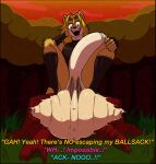  anthro archie_comics balls big_balls big_penis canid canine canis caption cock_vore crouching dialogue domestic_dog failed_attempt female female_prey forest genitals group half-erect hi_res huge_balls huge_penis hyper hyper_balls hyper_genitalia hyper_penis male male/female male_pred mammal nicole_the_lynx outside penile penis plant sally_acorn same_size_vore sega sequence sitting_on_stump sonic_the_hedgehog_(archie) sonic_the_hedgehog_(comics) sonic_the_hedgehog_(series) spazman struggling talking_to_another talking_to_prey taunting tree trio unseen_character vore 