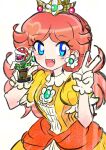  1girl absurdres brooch brown_hair crown dress earrings gloves highres jewelry long_hair looking_at_viewer mario_(series) piranha_plant princess_daisy rakugaki_shitagari-ya smile super_smash_bros. upper_body white_background yellow_dress 