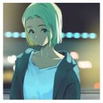  1girl black_eyes blonde_hair blurry bokeh border collarbone depth_of_field film_grain gaeul_(ive) highres hood hoodie ive_(group) k-pop kamo_kamen medium_hair solo upper_body white_border 