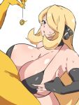  1boy 1girl bikini blonde_hair breasts cleavage cynthia_(pokemon) dd_(giogio99) elbow_gloves fingerless_gloves gloves hair_ornament hair_over_one_eye highres hypno hypnosis large_breasts long_hair mind_control paizuri pendulum penis pokemon pokemon_(creature) pokephilia sweat swimsuit 