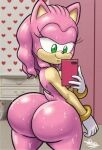  amy_rose anthro bedroom_eyes big_breasts big_butt black_pupils bracelet breasts butt cellphone clothing eulipotyphlan female gloves green_eyes hair handwear hedgehog hi_res holding_object holding_phone huge_butt jewelry mammal multicolored_body narrowed_eyes nude phone pink_hair pupils seductive sega selfie side_boob smile solo sonic_the_hedgehog_(series) tansau thick_thighs two_tone_body wet wet_body wide_hips 