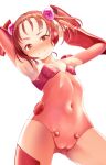  1girl accel_world armpits bangs blush bodysuit cameltoe commission covered_navel detached_sleeves flat_chest freckles highres kouzuki_yuniko looking_at_viewer nukunuku_(hinataboltuko) red_eyes red_hair short_hair simple_background skeb_commission smile solo white_background 