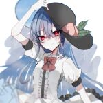  1girl black_headwear blue_hair bow bowtie center_frills closed_mouth food frills fruit hand_on_headwear highres hinanawi_tenshi leaf long_hair looking_at_viewer peach red_bow red_bowtie red_eyes shion_343 short_sleeves simple_background smile solo touhou upper_body white_background 