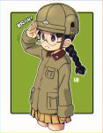  1girl arm_up black_hair braid brown_eyes brown_headwear brown_shirt brown_skirt chi-hatan_military_uniform collared_shirt commentary_request cropped_legs dress_shirt fukuda_haru girls_und_panzer girls_und_panzer_gekijouban glasses green_background helmet long_hair long_sleeves looking_away mawaru_(mawaru) pleated_skirt round_eyewear salute shirt single_braid skirt sleeves_past_wrists solo two-tone_background white_background 