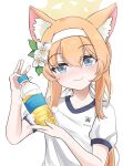  1girl animal_ears bangs blue_archive blue_eyes bottle cat_ears cat_girl commentary flower gym_shirt hair_between_eyes hair_flower hair_ornament halo headband highres holding holding_bottle long_hair looking_at_viewer low_ponytail mari_(blue_archive) mari_(gym_uniform)_(blue_archive) merlt official_alternate_costume orange_hair plastic_bottle shirt short_sleeves sidelocks simple_background smile solo visible_air white_background yellow_liquid 