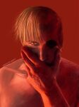  1boy artist_name blonde_hair covering_mouth crain1art exposed_muscle hand_over_own_mouth highres hollow_eyes jujutsu_kaisen looking_at_viewer nanami_kento red_background short_hair simple_background solo spoilers topless_male 