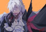  1boy antonio_salieri_(fate) antonio_salieri_(masquerade_of_the_vampire)_(fate) antonio_salieri_(second_ascension)_(fate) ascot black_coat black_gloves blood blood_on_clothes blood_on_hands blood_on_weapon blue_gemstone brooch coat fangs fate/grand_order fate_(series) feathers frilled_sleeves frills gem gloves grey_hair hair_between_eyes hair_over_one_eye half_updo highres jewelry kimidorix32 lapel_pin lapels lower_teeth male_focus medium_hair official_alternate_costume orange_background red_eyes ring shirt simple_background solo teeth upper_body vampire weapon white_ascot white_shirt wide-eyed 