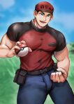  1boy bag bara belt blue_eyes blurry blurry_background clenched_hand cloud cloudy_sky courier_trainer denim grass hat highres jeans looking_at_viewer male_focus manly mature_male meiji1780 muscular muscular_male outdoors pants pectorals poke_ball pokemon pokemon_(game) pokemon_sv shirt sky smile solo teeth thick_arms thick_eyebrows thick_thighs thighs tight tongue veins veiny_arms 